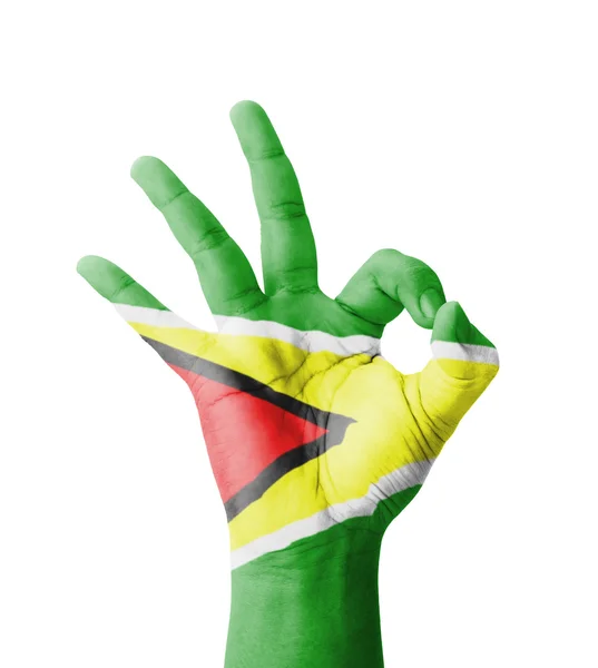 Ok işareti, en iyi quali sembolü olarak boyalı Guyana bayrak yapma el — Stok fotoğraf