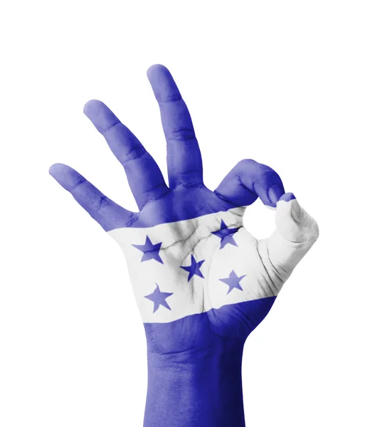 Hand att göra Ok tecken, Honduras flagga målade som symbol för bästa qua — Stockfoto