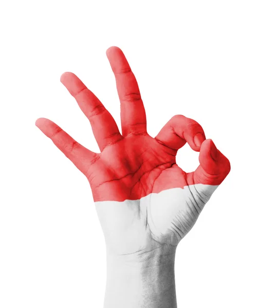 Tangan membuat tanda Ok, bendera Indonesia dicat sebagai simbol qu terbaik — Stok Foto