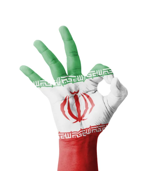 Ręka Dokonywanie znak Ok, Iran bandery malowane jako symbol najwyższej jakości — Zdjęcie stockowe