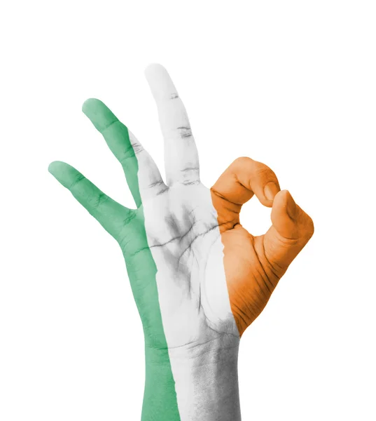 Hand making Ok sign, Ireland flag painted as symbol of best qual — Stock Photo, Image