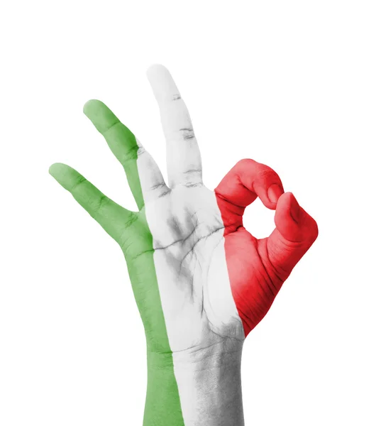 Hand making Ok sign, Italy flag painted as symbol of best qualit — Stock Photo, Image