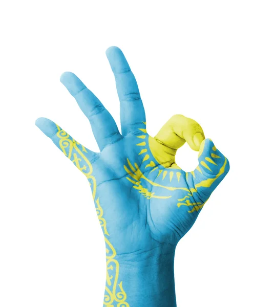 Hand making Ok sign, Kazakhstan flag painted as symbol of best q — Stock Photo, Image