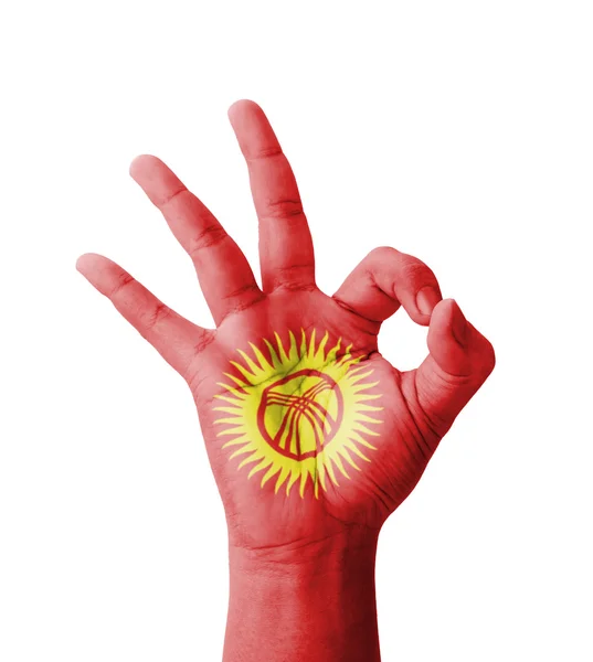 Hand making Ok sign, Kyrgyzstan flag painted as symbol of best q — Stock Photo, Image