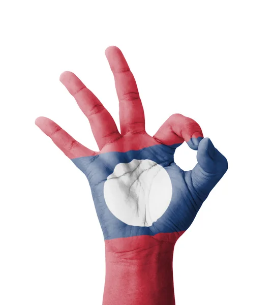 Hand maken Ok teken, Laos vlag geschilderd als symbool van de beste kwaliteit — Stockfoto