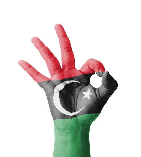 Hacer a mano Ok signo, bandera de Libia pintado como símbolo de mejor qualit — Foto de Stock