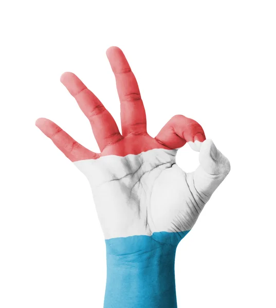 手工制作 Ok 的手势，卢森堡国旗描绘成最佳 q 的象征 — 图库照片