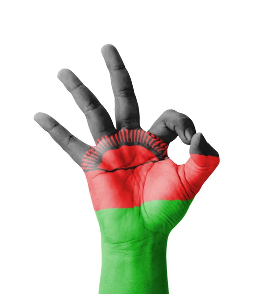 Hand making Ok sign, Malawi flag painted as symbol of best quali — Stock Photo, Image