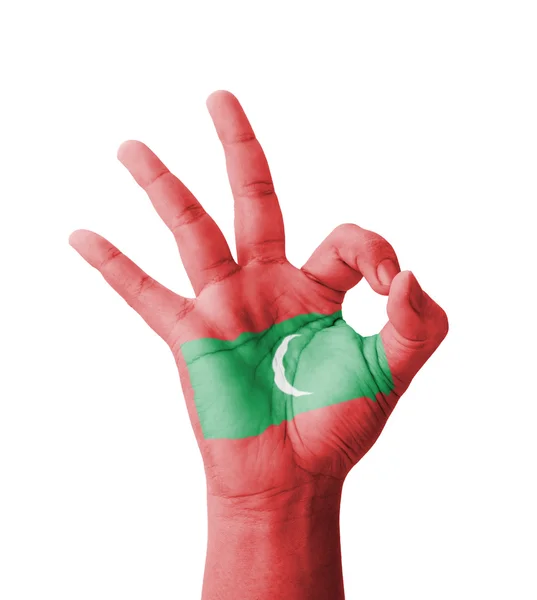 Hand making Ok sign, Maldives flag painted as symbol of best qua — Stock Photo, Image