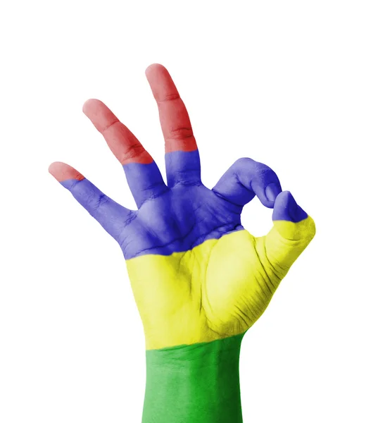 Hand making Ok sign, Mauritius flag painted as symbol of best qu — Stock Photo, Image