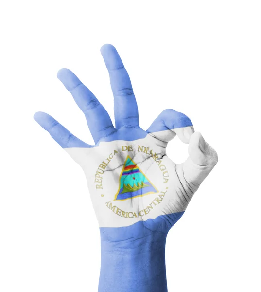 Hand making Ok sign, Nicaragua flag painted as symbol of best qu — Stock Photo, Image