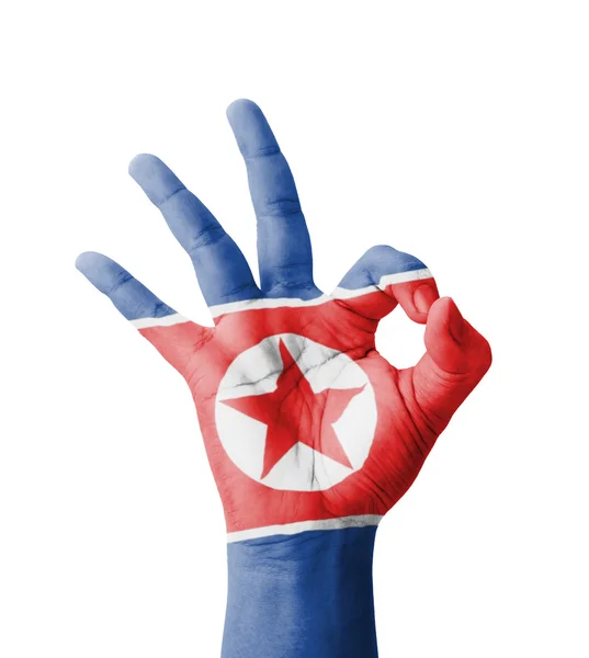 Hand making Ok sign, North Korea flag painted as symbol of best — Stock Photo, Image