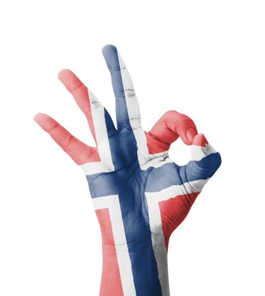 Hacer a mano Ok signo, bandera de Noruega pintado como símbolo de mejor quali — Foto de Stock