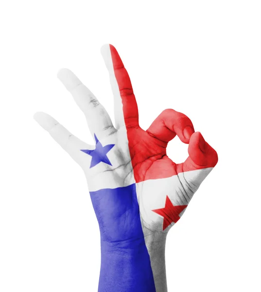 Hand maken Ok teken, Panama vlag geschilderd als symbool van beste quali — Stockfoto