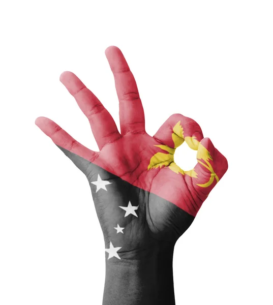 Hand att göra Ok tecken, Papua Nya Guinea flagga målade som symbol för — Stockfoto