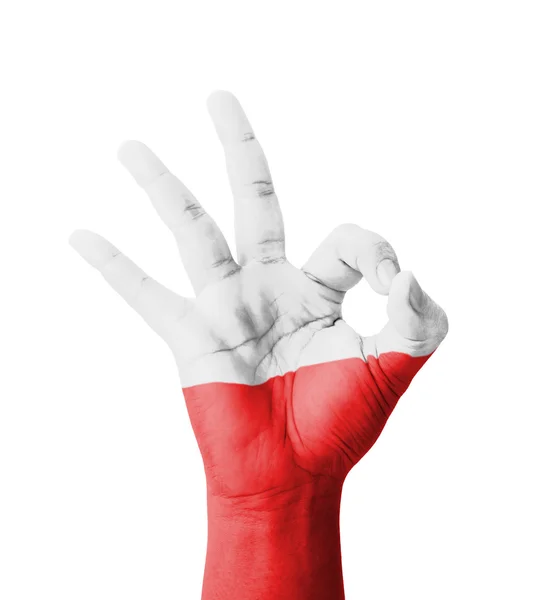 Hand making Ok sign, Poland flag painted as symbol of best quali — Stock Photo, Image