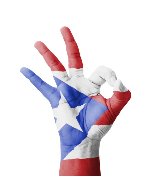 Hand making Ok sign, Puerto Rico flag painted as symbol of best — Stock Photo, Image