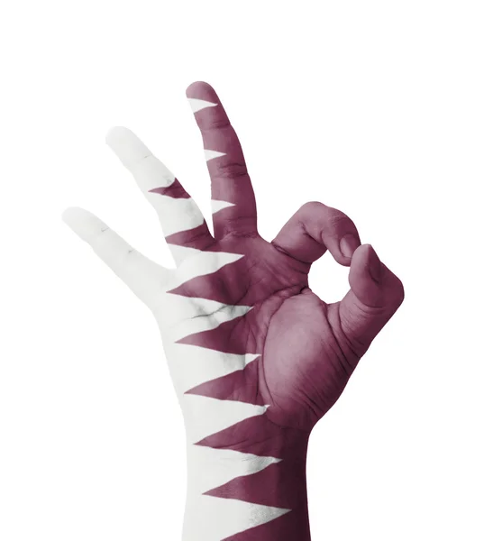 Hand making Ok sign, Qatar flag painted as symbol of best qualit — Stock Photo, Image