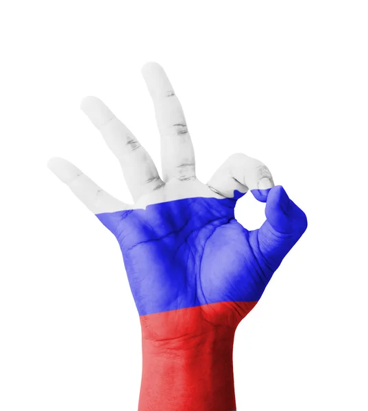 Hand making Ok sign, Russia flag painted as symbol of best quali — Stock Photo, Image