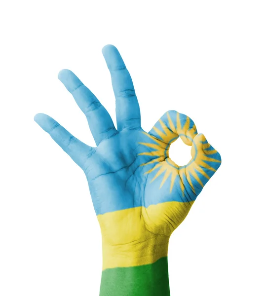 Tradiční ruční výroby Ok znak, vlajka Rwandy maloval jako symbol nejlepší kvali — Stock fotografie