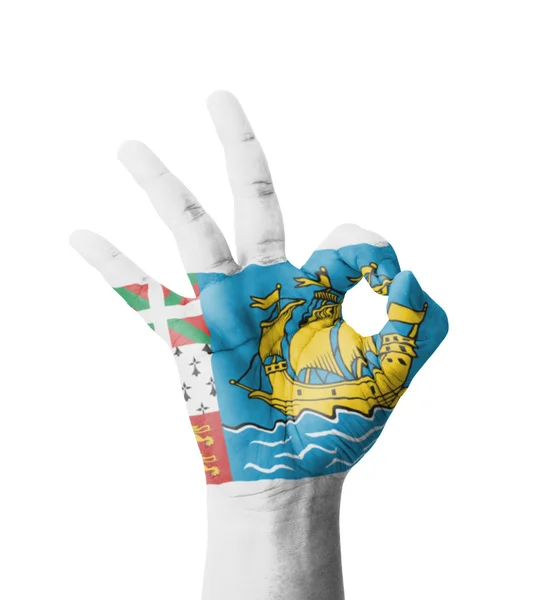 Hand making Ok sign, Saint Pierre and Miquelon flag painted as s — Stock Photo, Image