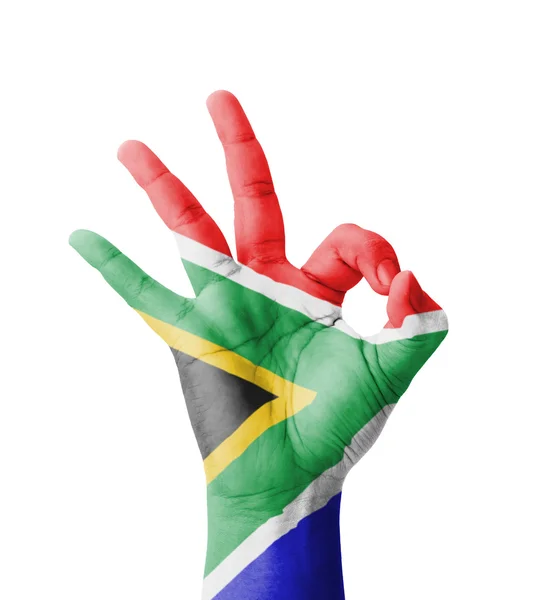 Hand making Ok sign, South Africa flag painted as symbol of best — Stock Photo, Image