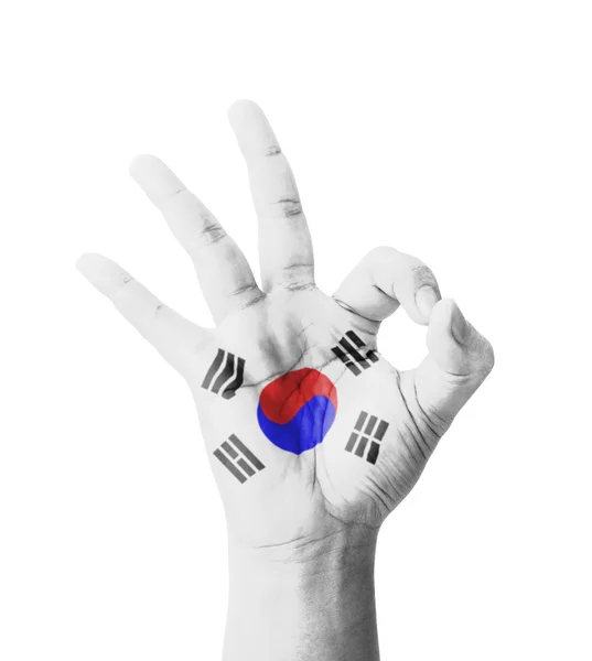 Hand making Ok sign, South Korea flag painted as symbol of best — Stock Photo, Image