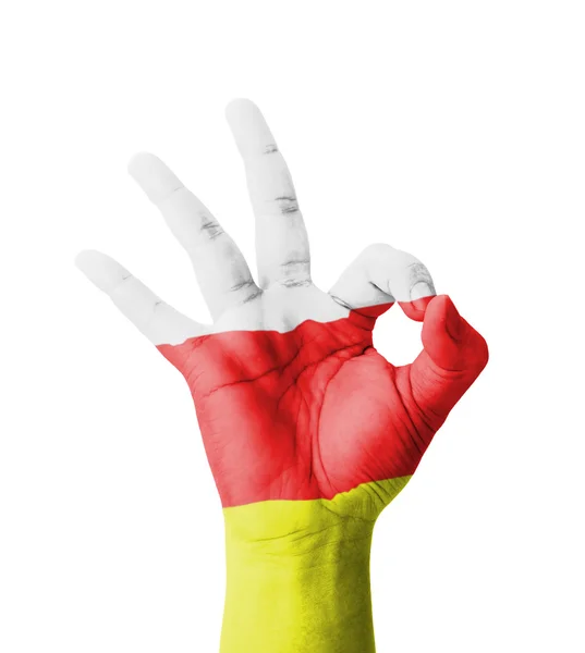 Hand making Ok sign, South Ossetia flag painted as symbol of bes — Stock Photo, Image
