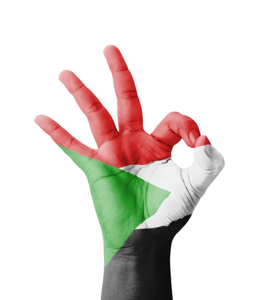 Hand macht ok Zeichen, Sudan Flagge gemalt als Symbol der besten Qualität — Stockfoto