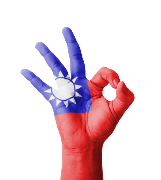手工制作 Ok 的手势，台湾国旗描绘成最佳质量的象征 — 图库照片
