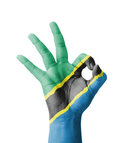 手作り Ok の標識、qua の最高の記号として塗られるタンザニアの国旗 — ストック写真