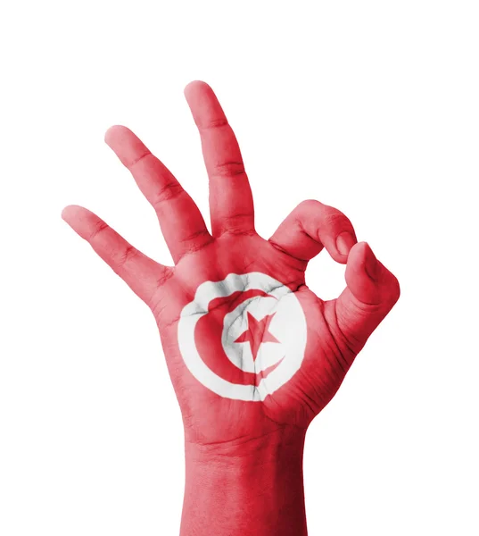 Hand making Ok sign, Tunisia flag painted as symbol of best qual — Stock Photo, Image