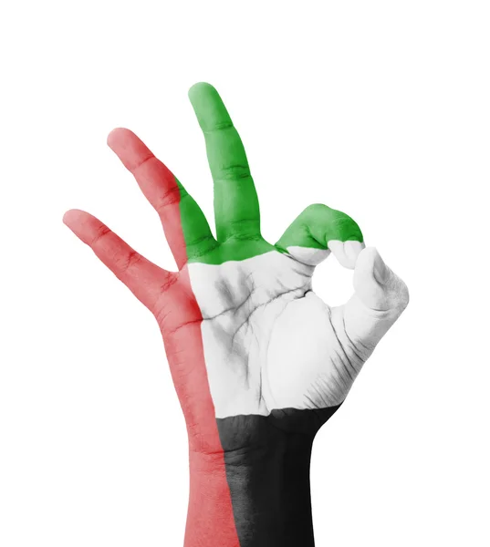 Hand making Ok sign, UAE (United Arab Emirates) flag painted as — Stock Photo, Image