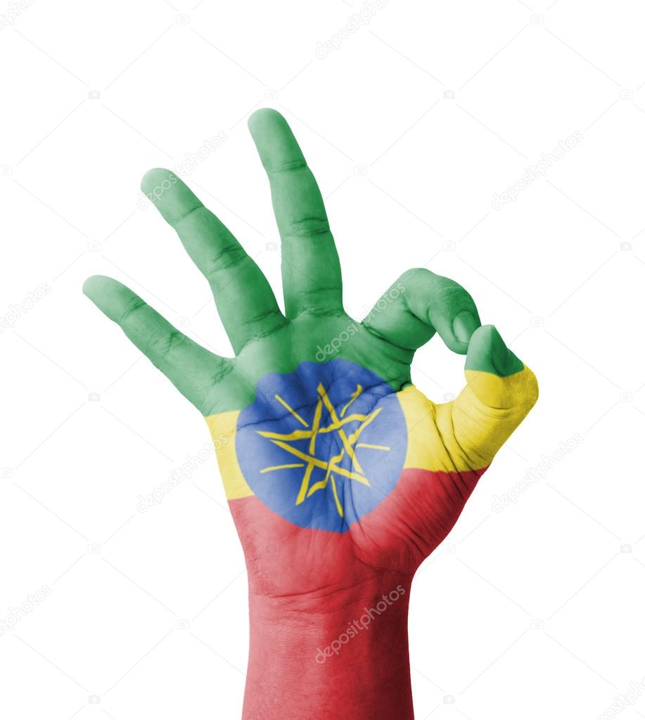 Hand making Ok sign, Ethiopia flag painted as symbol of best qua