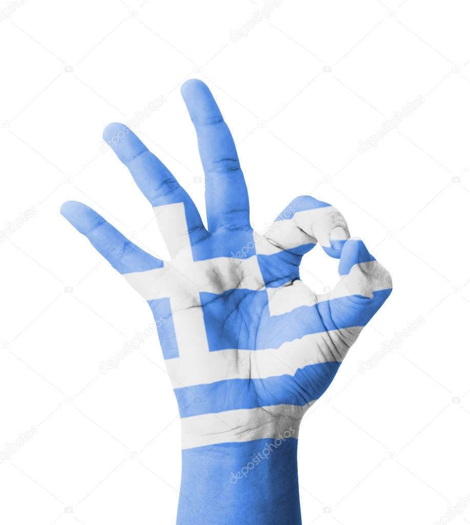 Hand making Ok sign, Greece flag painted as symbol of best quali