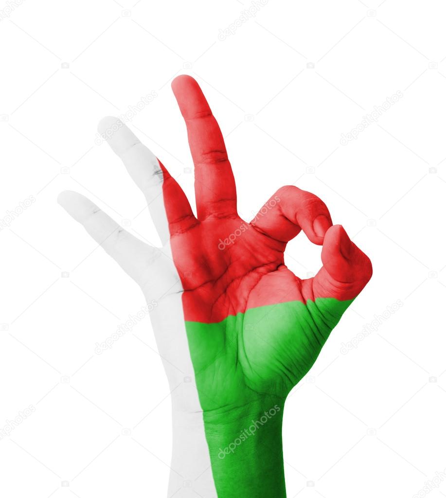 Hand making Ok sign, Madagascar flag painted as symbol of best q