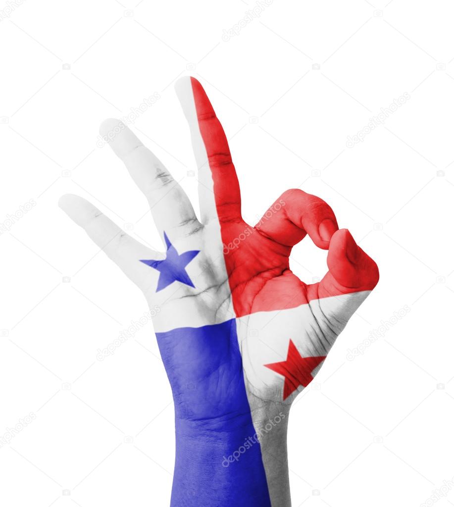 Hand making Ok sign, Panama flag painted as symbol of best quali