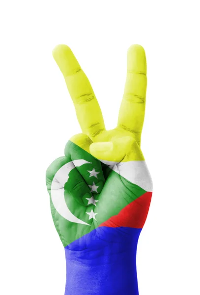 Mão fazendo o sinal V, Bandeira das Comores pintada como símbolo do vencedor — Fotografia de Stock