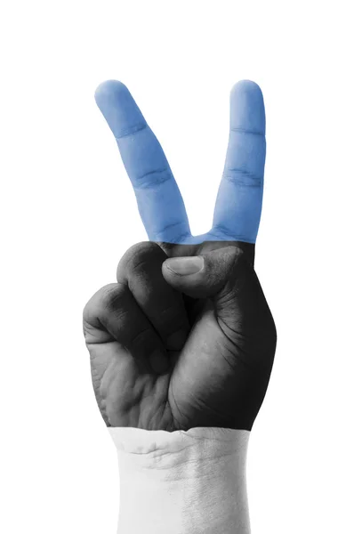 Ręka Dokonywanie znak V, Estonia flaga malowane jako symbol Victor — Zdjęcie stockowe