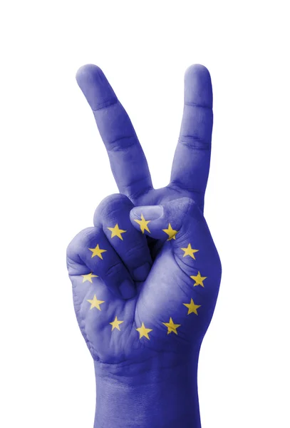 Hand making the V sign, EU (European Union) flag painted as symb — Stock Photo, Image