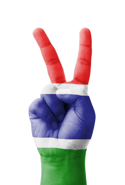 Hand making the V sign, Gambia flag painted as symbol of victory — Stock Photo, Image
