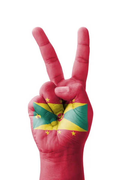 Hand making the V sign, Grenada flag painted as symbol of victor — Stock Photo, Image