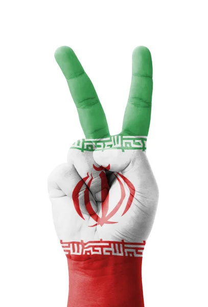 Ręka Dokonywanie znak V, Iran bandery malowane jako symbol zwycięstwa, — Zdjęcie stockowe