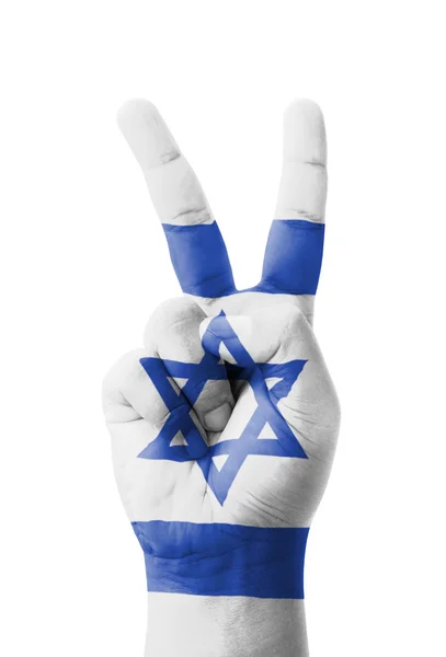 Hand making the V sign, Israel flag painted as symbol of victory — Stock Photo, Image