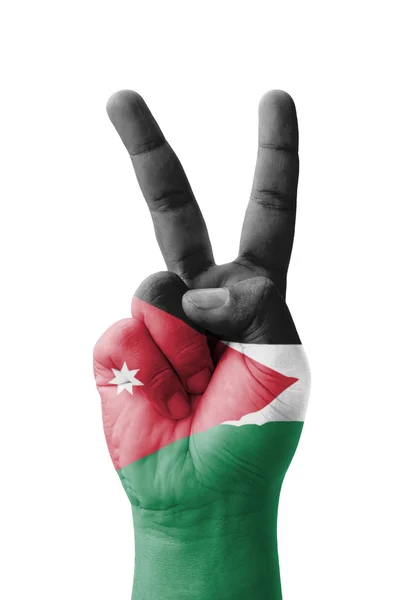 Hand making the V sign, Jordan flag painted as symbol of victory — Stock Photo, Image