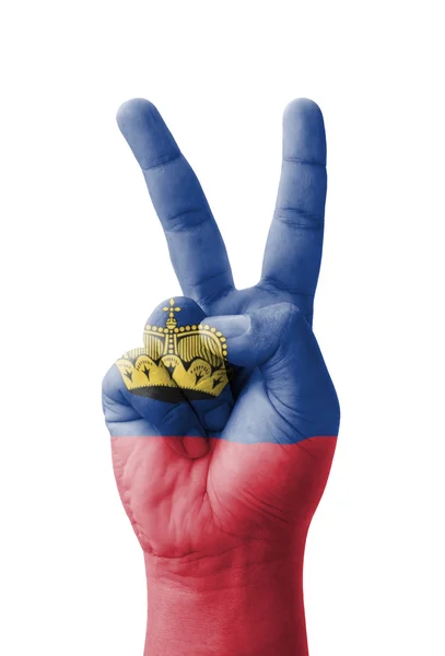 Hand making the V sign, Liechtenstein flag painted as symbol of — Stock Photo, Image