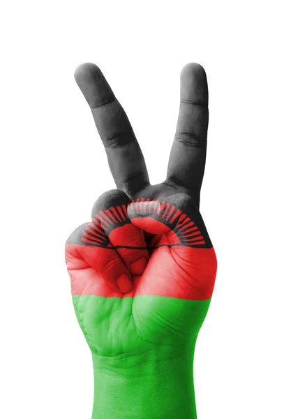 Hand macht das V-Zeichen, malawische Flagge als Symbol des Sieges bemalt — Stockfoto