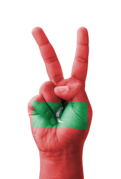 Ręka Dokonywanie znak V, Malediwy bandery malowane jako symbol victo — Zdjęcie stockowe