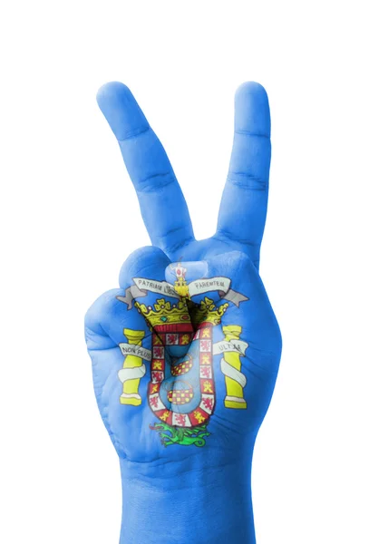 Hand making the V sign, Melilla flag painted as symbol of victor — Stock Photo, Image