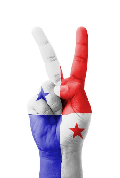 Mão fazendo o sinal V, bandeira do Panamá pintada como símbolo da vitória — Fotografia de Stock
